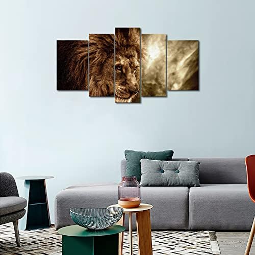5 panel zid Art Brown Fierce Lion protiv Stormy Sky Painting sliku Print na platnu životinja slike za Home Decor ukras poklon komad