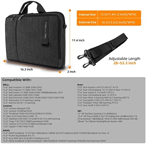 Kingslong 15.6 inčni torba za laptop, 15 inča ramena torba za nošenje s uklonjivim kaišem vodootporna lagana