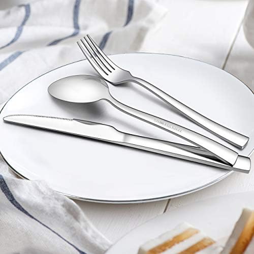 Homikit Set srebrnog posuđa od nerđajućeg čelika od 66 komada sa priborom za serviranje za 12 & amp; 6 komada 8 inča 18/8 tanjira za večeru Kitchen Dinnerware Set, Fancy Square flatware viljuške noževi Spoons Set, sef za pranje sudova