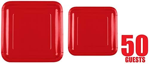 Oojami 100 grof Kvadratne crvene ploče od papira 50 ~ 9 Platni papirni tanjuri 50 ~ 7 desertne papirne ploče crvena stranačka tema