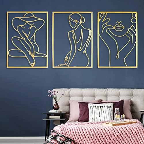Hollove metalni zidni umjetnički set od 3 0,12 debljine minimalističke apstraktne moderne linije art zidne skulpture | zlatni metalni zidni dekor za dnevni boravak spavaće sobe kupaonica