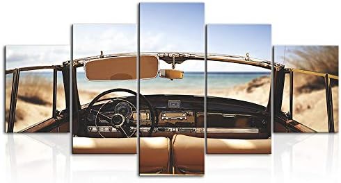 KLVOS 5 Panel Vintage Car Canvas Print Wall Art Retro Car na plaži ljetna pejzažna slika braon Američki