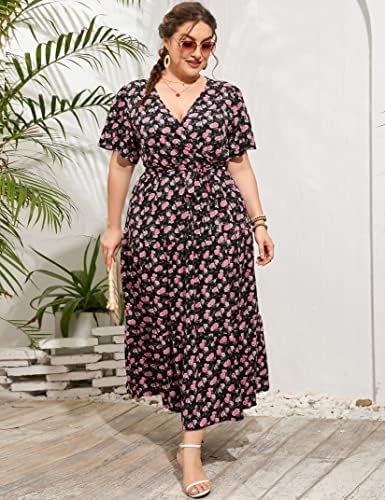 ShopWonder Womens Plus Veličina V omotač izreza Maxi haljina s visokim strukom ruffle ljetna casual haljina s pojasom