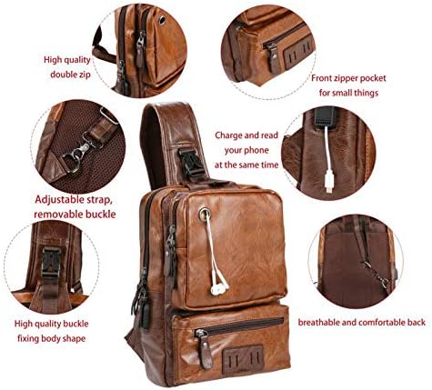Muška torba za praćke, Crossbody PU kožni ruksak s ramenom s USB priključkom za punjenje, Vintage grudna vrećica