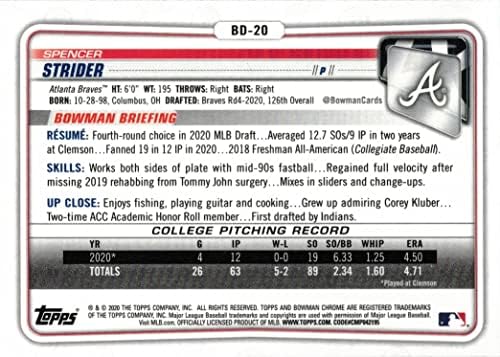 2020 Bowman nacrt hrom bejzbol BD-20 Spencer Strider Pre-Rookie kartica - 1. bowman hrom kartica