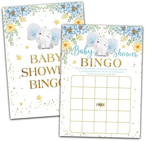 Mvxad Baby tuš Bingo Party Games, Blue Elephant Baby tuš igra, 30pcs Dvostrani cvjetni spol Otkrivanje zabavnih