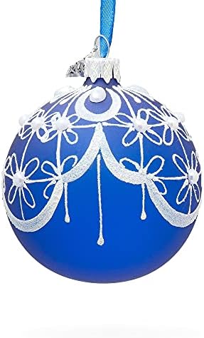 Bijelo cvijeće na plavo staklo loptu Božić Ornament 3.25 inča