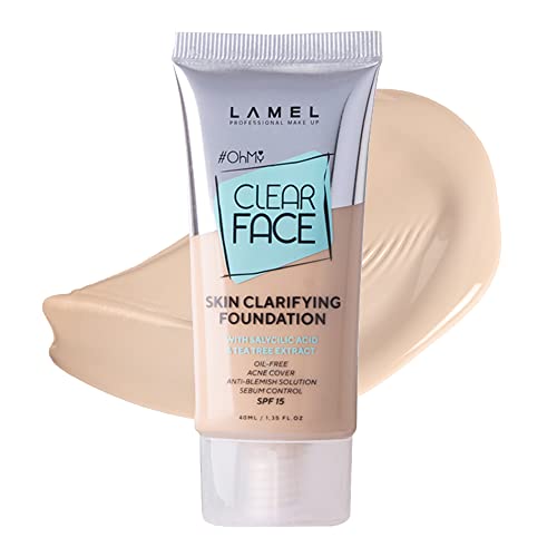 LAMEL OhMy Clear Face Full Coverage Foundation - Acne Coverage - SPF-Enhanced, salicilna kiselina & ekstrakt čajevca - Dewy & Flawless Finish - Sensitive Skin Care - Organic & bez ulja-402, 1.35 Florida.oz