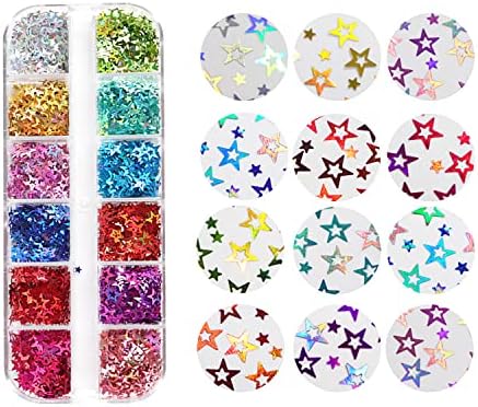 12 boja Star Nail Art svjetlucave šljokice, 3D dizajn pahuljica noktiju sa petokrakom, holografski laserski