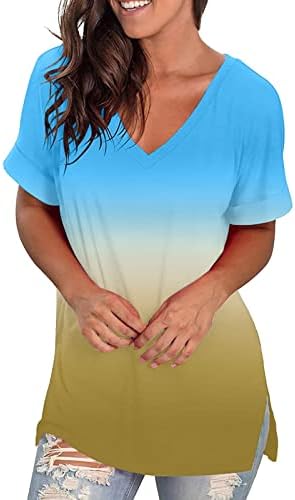 Lovely Womens T majica Gradijent boja bluza V-izrez Ljetni kratki rukav labav ležernu majicu Tunički vrhovi