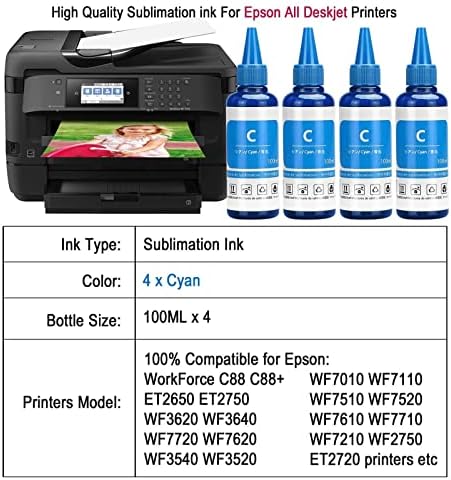XCinkJet 4x100ml Sublimacijski punjenje tintom za Epson WF7710 WF7720 ET2720 ET2760 WF3720 ET2750 WF3710