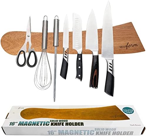 Držač magnetnog noža za zid bez bušilice - 16 drveni nož magnetna traka bez opcije bušenja sa ljepljivom podlogom i amp; hardver za bušenje | magnetna traka noža | kuhinjski nož organizator stalak-tamno braon