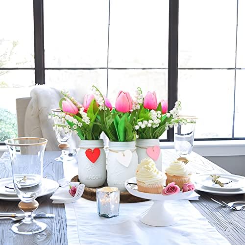 SEMONONIA 3kom ljetne dekoracije za dom - Mason Jar centralni komadi sa roze tulipani umjetno cvijeće