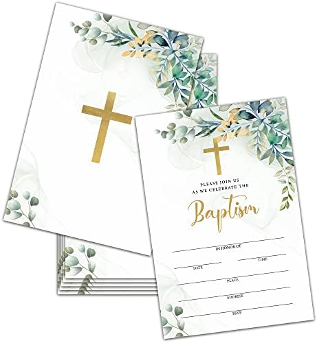Pozivnice za krštenje sa kovertama, akvarel zelenilo za bebe poziva kartice, zlatna folija Prva pozivnica