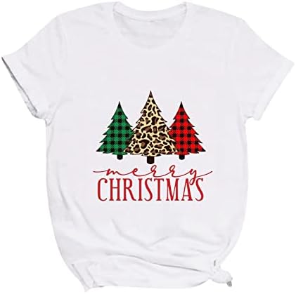 Sretan božićni stablo Ispis majica Plaid Print Crew Crew Pulover bluza Kratki rukavi Ležerne prilike za ležerke