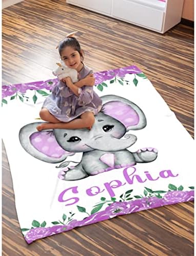 Personalizirane deke za dječake Djevojke prilagođene bebe pokrivač s nazivom Slon Ljubičasta cvjetna