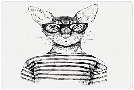 Ambesonne Cat Pet Mat za hranu i vodu, ručno crtano odjeveno Hipster New Age Cat Fashion Urban Besplatno Spirit Artwork Print, pravokutnik Neklizajući gumeni mat za pse i mačke, crno bijelo