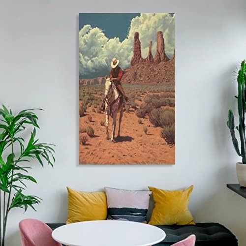 Zapadni kauboj jaše bijelog konja u umjetničkom posteru na platnu divlje pustinje i zidu Art slika Print -YangTing