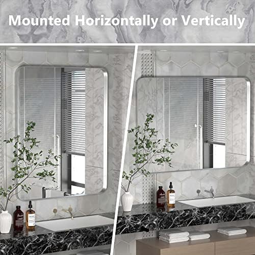 Srebrno ogledalo za kupatilo, 24x36 inčno ogledalo od nerđajućeg čelika, zaobljeni ugaoni pravougaonik moderno ogledalo, Vertikalna ili horizontalna viseća ogledala za zidni dekor, spavaća soba, dnevni boravak