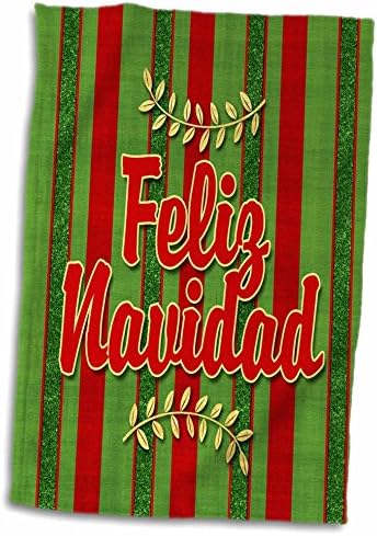 3D Rose Feliz Navidad španski svečani crveni & zeleni prugasti odmor Sprigs ručnik za ruke, 15