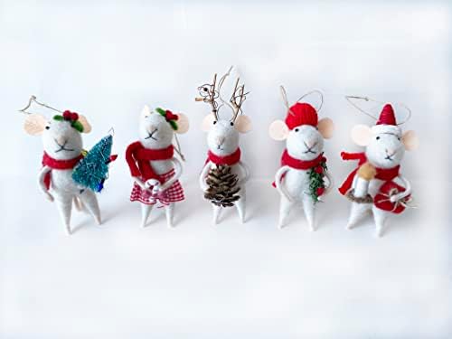 ZJHBONE vuneni filc 5sets ukras za Božićni miš sa različitim poklon visećim mišem za dekor jelke