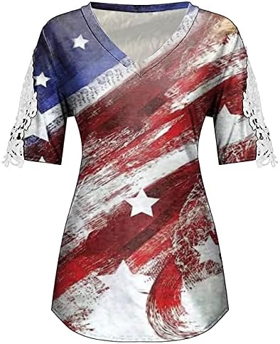 Ženska Dan nezavisnosti V izrez T majica Američka zastava Ispis Kratki rukav kauzalan ljetni čipkasti tee vrhovi
