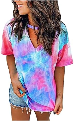 Ženska Tie Dye T Shirt Rainbow izdubljeni V izrez kratke rukave Shirt Summer Basic Tops Keyhole vrat