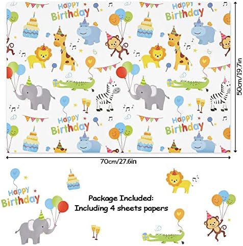 Rođendanski papir za umotavanje za djecu djevojčice dječaci, dizajn životinja za zabavu papir za umotavanje poklona za rođendanski tuš za bebe, 4 presavijena lista 20x28 inča po listu, majmun Lav Slon žirafa Aligator Zebra