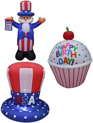 Tri Patriotske nezavisnosti Dan i rođendanske zabave dekoracije Paket uključuje 4 stopa visok napuhavanje ujak Sam, 4 stopa visok Američki SAD zastavu cilindar, i 4 stopa visok Hretan Rođendan Cupcake