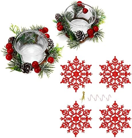 Oyaton Božićni svijećnjak prstenovi 4 pakovanja i crveni ukrasi za pahulje 24 pakovanja za jelku
