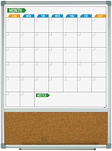 Mjesečna kalendar za sušenje bijele ploče, 24 x 18 Vertikalna magnetska suha brisanje kombinacija kalendara / pluta, zidna kalendara Bijela ploča za crtanje, kuhinju, planiranje, memoriju, školu, dom, ured