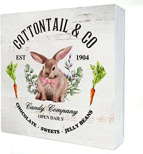 Easter Bunny Cottontail Candy Company Wood Box potpisao je kućni dekor, rustikalno proljeće Easter Bunny Carrot Drvena kutija za blok plaketa za zidno stolno ukrašavanje stola