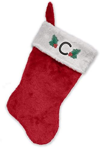 Monogramirani me vezeni početni božićni čarapa, crveno-bijelo plišanje, inicijal c