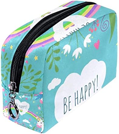 Mala šminkarska torba, patentno torbica Travel Cosmetic organizator za žene i djevojke, jednorog Crtani cvijet duga