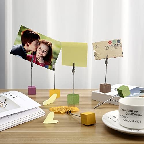 NUOBESTY 10kom drveni držač za kartice, šareni držač za brojeve stola kocka baza photo Picture Memo Clip