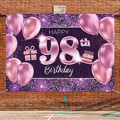 Pakboom Happy Banner 98. rođendan Backdrop - 98 rođendanskih ukrasa za žene za žene - ružičasta ljubičasta