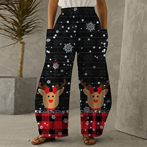 DSODAN Božićne žene široke pantalone za noge Xmas Grafički tiskani visoki struk labavi joga hlače casual pantalone sa velikim džepovima