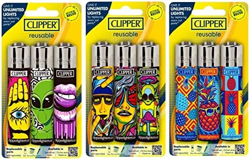 Clipper upaljač - CP11 - Mix dizajni - 9 upaljača - Sef Butane Clipper upaljač - Upuštaji za punjenje u različitim bojama - lakiranje za višekratnu upotrebu - soft plamen upaljač -
