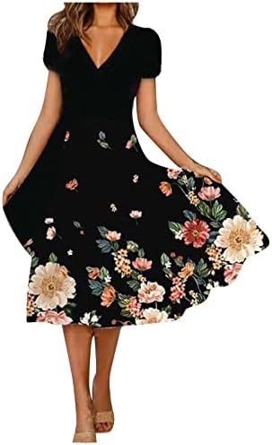 ADSSDQ Ženska haljina Ljetna casual Fashion Loose Midi suknja Cvjetni ispis Kratki rukav V-izrez Velika ljuljačka