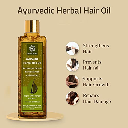 Ajurvedsko biljno ulje za kosu napravljeno od 21 ajurvedske biljke za poboljšanje zdravlja, višenamjenskog rasta kose i protiv peruti, kontrole pada kose, guste i duge kose Hebhac Herbs