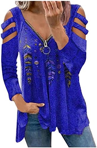 RMXEi ženski dugi rukavi vrhovi V-izrez sa patentnim zatvaračem pulover Print labava majica bluza