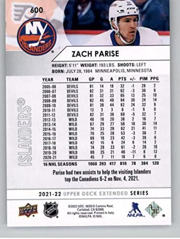 2021-22 Gornja paluba Proširena 600 Zach Parise New York Islanders NHL hokejaška kartica