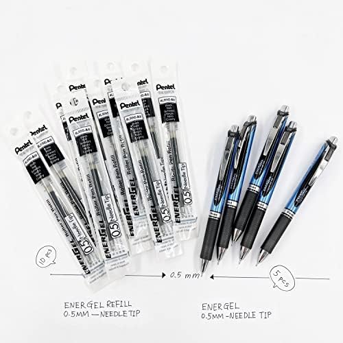 Pentel Energel RTX uvlačiva tekuća gel olovka, 0,5 mm, fina linija, iglasti vrh, crna tinta, 5 olovke i 10 postavljenih