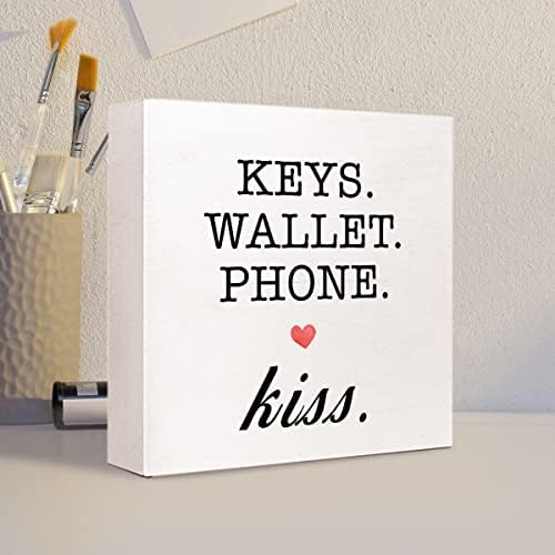 Ključevi novčanik telefon poljubac Checklist drveni znak desk Decor, Funny drvo blok znak Desk dekoracije