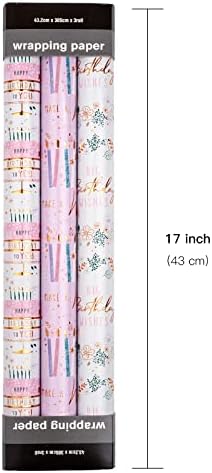 LeZakaa Rođendanska rolna papira za umotavanje - Mini rolna-torta/cvet/sveća Print za devojčicu, žensko pakovanje poklona-17 x 120 inča , 3 rolne
