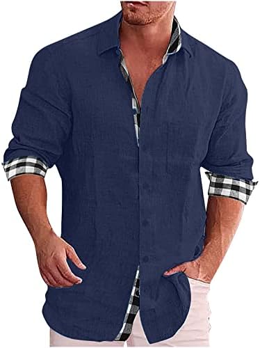 Majice za muškarce modni karirani Patchwork čvrsti pamučni laneni džepni džep spušteni Dugi rukav dugme