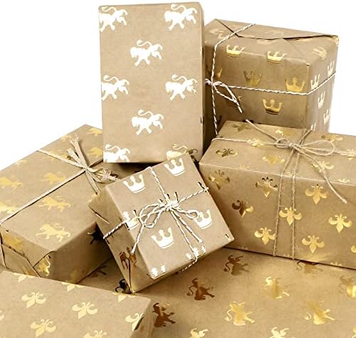 Packanewly Kraft papir za umotavanje-6 listova kruna&Lav&dizajn žezla zlatna folija braon papir za umotavanje poklona - 17,5 x 30 inča po listu