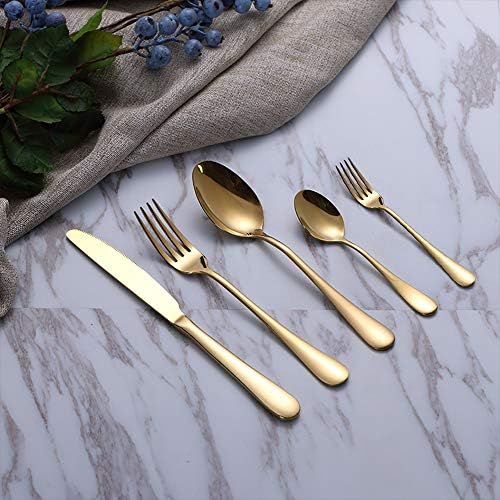 Zlatni set srebrnog posuđa, MASSUGAR Set pribora za jelo od 20 komada, pribor od nerđajućeg čelika servis za 4, uključuje nož/viljušku/kašiku, polirano ogledalo