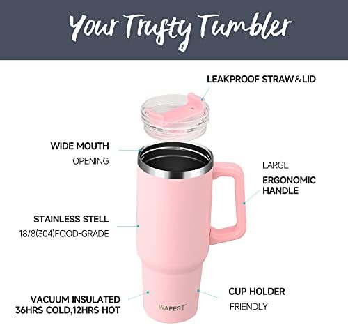 Wapest 40 Oz Tumbler sa ručkom i slamkom izolovanom putnom šoljom za kafu - višekratna izolovana flaša za vodu od nerđajućeg čelika-održava piće hladnim do 36 sati, bez BPA-40 oz, Pink