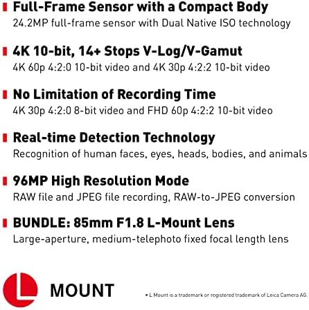 Panasonic LUMIX S5 full Frame kamera bez ogledala, 4k 60p video snimanje sa S 20-60mm F3.5-5.6 kompletom sočiva + s 85mm F1.8 L montiranim izmjenjivim objektivom